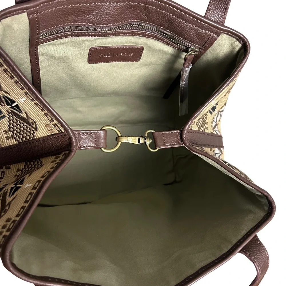 Isabella Fiore Woven Tapestry Leather Tote Bag Brown Tan Rattan Bird BOHO NEW